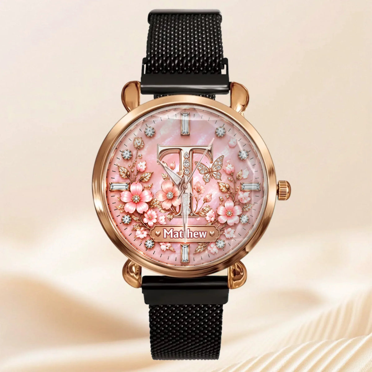 Personalized Initial Watch - Custom Letter & Name Floral Butterfly Watch - Multiple Dial Colors - Gift For Women