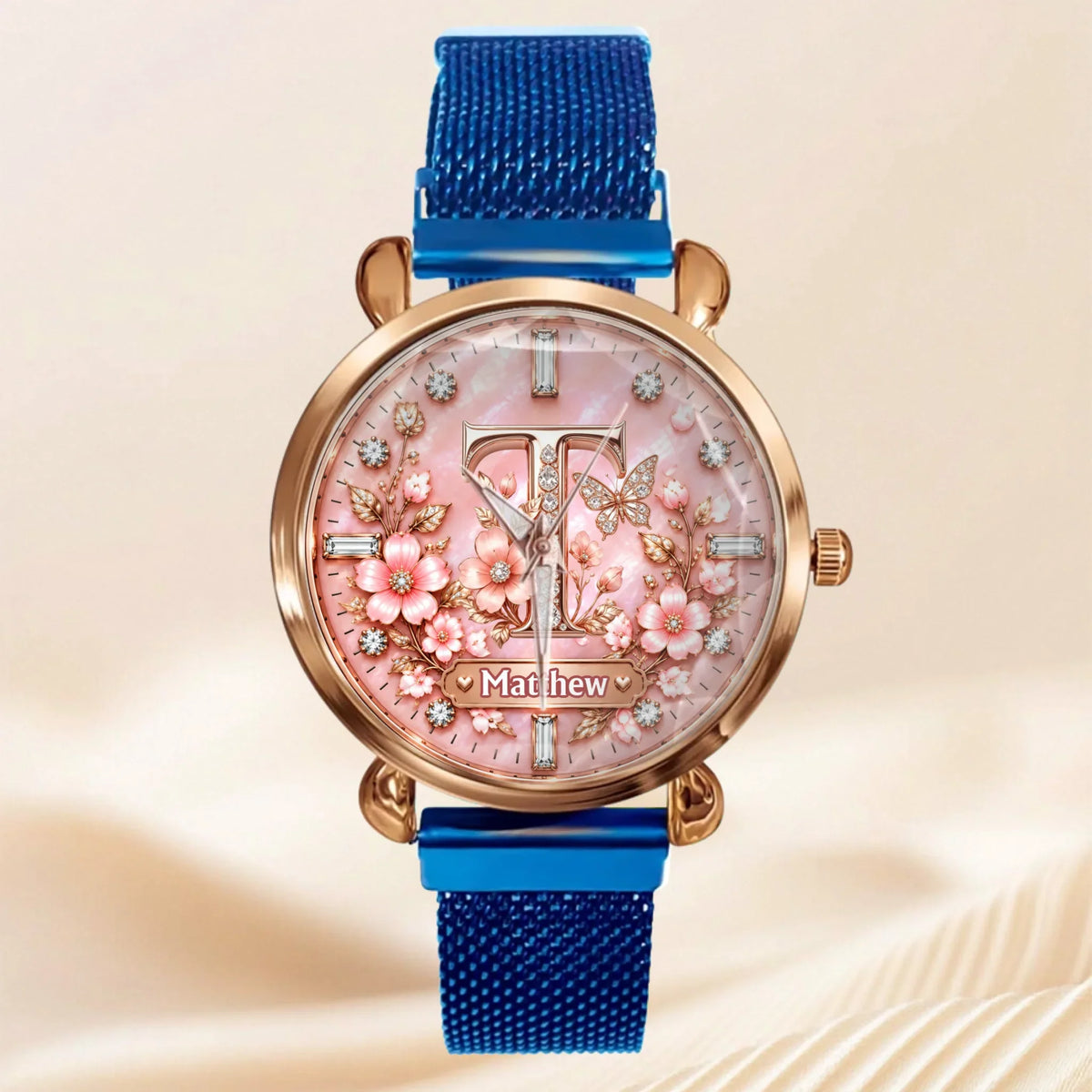 Personalized Initial Watch - Custom Letter & Name Floral Butterfly Watch - Multiple Dial Colors - Gift For Women