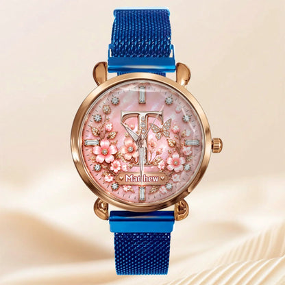 Personalized Initial Watch - Custom Letter & Name Floral Butterfly Watch - Multiple Dial Colors - Gift For Women