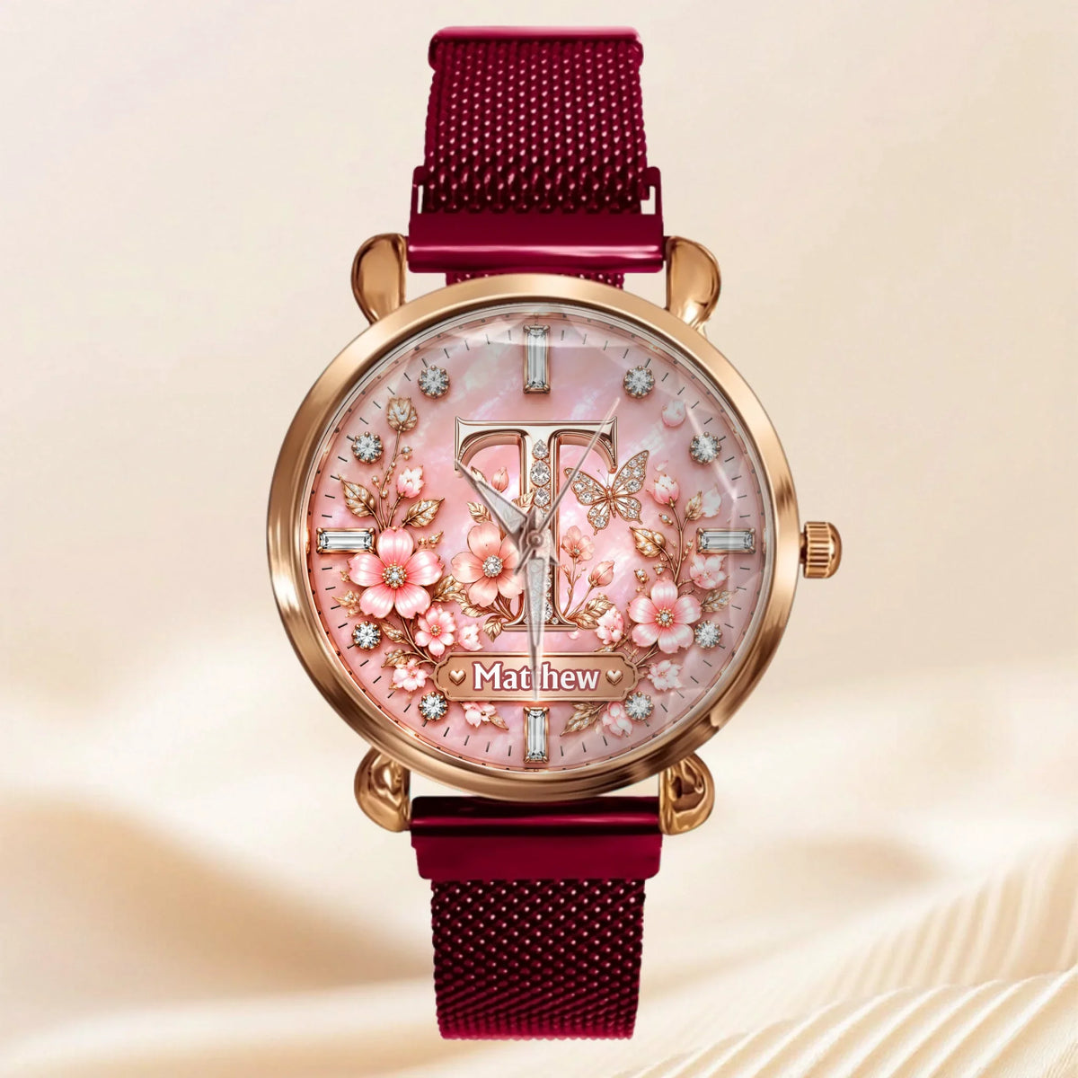Personalized Initial Watch - Custom Letter & Name Floral Butterfly Watch - Multiple Dial Colors - Gift For Women