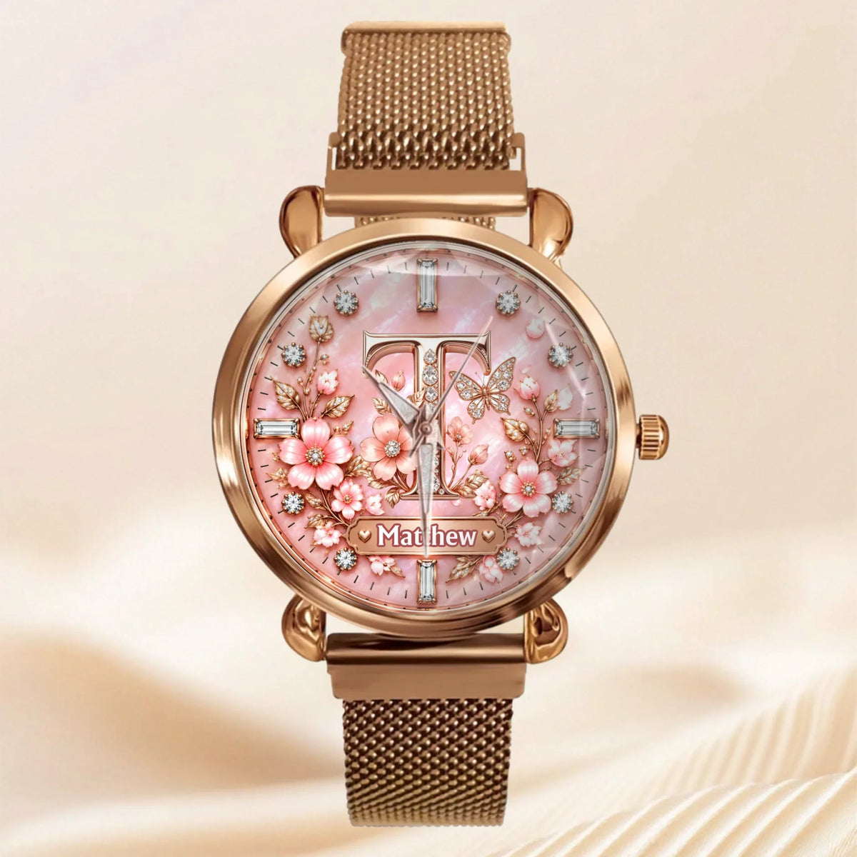 Personalized Initial Watch - Custom Letter & Name Floral Butterfly Watch - Multiple Dial Colors - Gift For Women