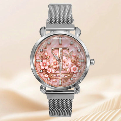 Personalized Initial Watch - Custom Letter & Name Floral Butterfly Watch - Multiple Dial Colors - Gift For Women