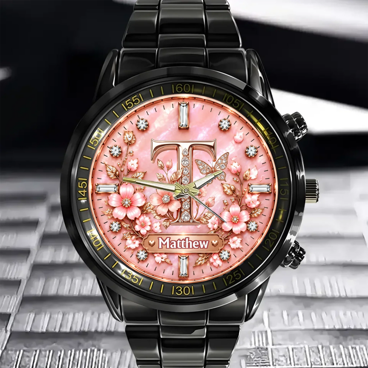 Personalized Initial Watch - Custom Letter & Name Floral Butterfly Watch - Multiple Dial Colors - Gift For Women