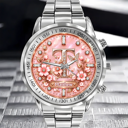 Personalized Initial Watch - Custom Letter & Name Floral Butterfly Watch - Multiple Dial Colors - Gift For Women