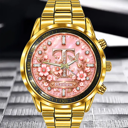 Personalized Initial Watch - Custom Letter & Name Floral Butterfly Watch - Multiple Dial Colors - Gift For Women