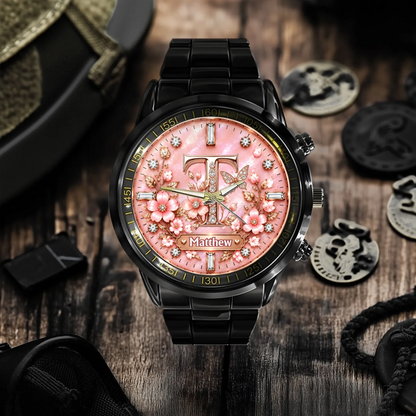 Personalized Initial Watch - Custom Letter & Name Floral Butterfly Watch - Multiple Dial Colors - Gift For Women