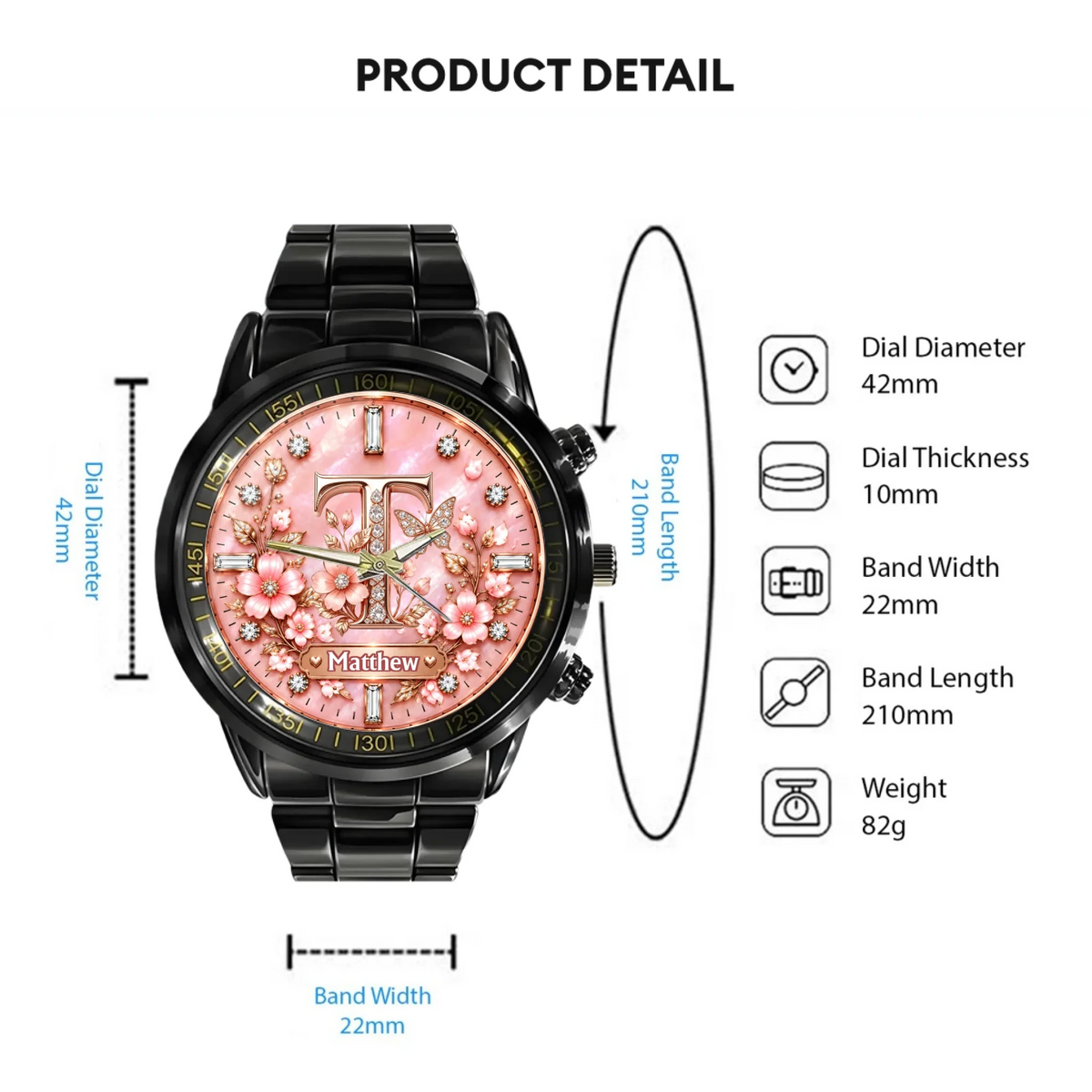 Personalized Initial Watch - Custom Letter & Name Floral Butterfly Watch - Multiple Dial Colors - Gift For Women