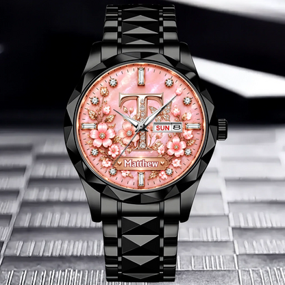Personalized Initial Watch - Custom Letter & Name Floral Butterfly Watch - Multiple Dial Colors - Gift For Women