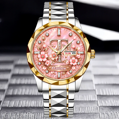 Personalized Initial Watch - Custom Letter & Name Floral Butterfly Watch - Multiple Dial Colors - Gift For Women